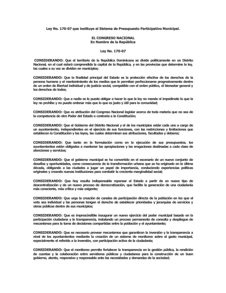 Portada: Ley No.170 Sistema de presupuesto