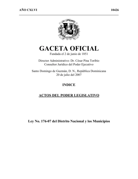 Portada: Ley No. 176-07, del Distrito Nacional y los Municipios (2007)