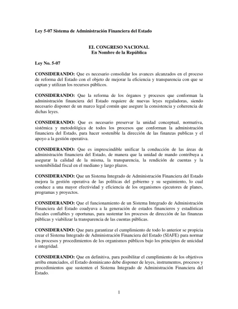 Portada: Ley No. 5-07, que crea el sistema integrado de administración financiera del Estado (2007)