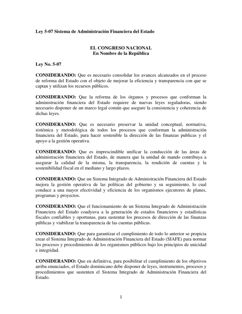 Portada: Ley No. 5-07, que crea el sistema integrado de administración financiera del Estado (2007)