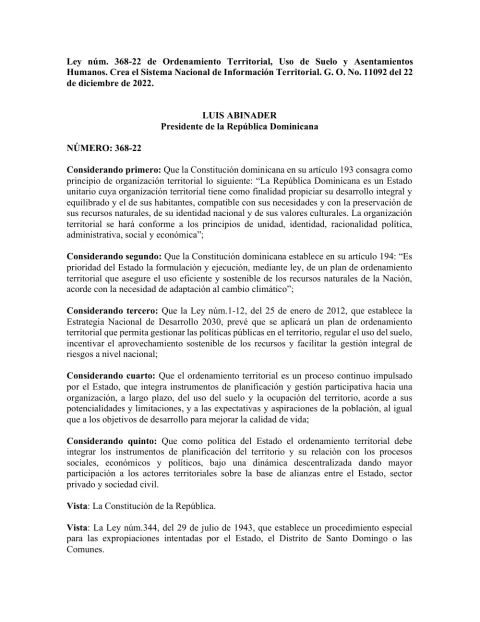 Portada: Ley 368-22 de Ordenamiento Territorial, Uso de Suelo y Asentamientos Humanos (2022)